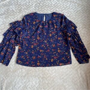 Madewell Ruffle Tiered Sleeve Top Blouse Women’s M Vine Navy Blue Floral Boho